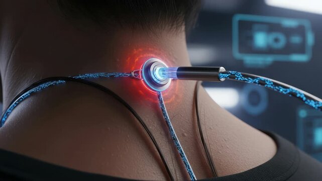 Futuristic neck implant with glowing interface for advanced technology and bio-integration