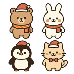 Cute animal characters wearing Christmas hats and scarves, including bear, rabbit, penguin