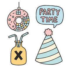 Party time speech bubble, pastel donut, striped party hat, and drink bottle illustration