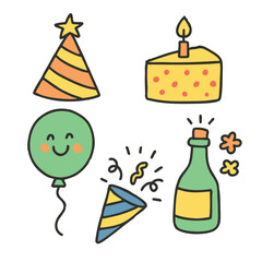 Party hat, cake, balloon, party popper, and bottle with cheerful doodle style for celebration
