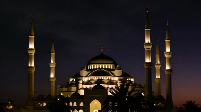 Illuminated Mosque Silhouette Transitioning from Dusk to Night in Stunning Time Lapse