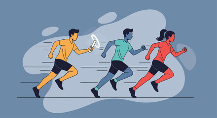Runners competing in relay race on track with baton exchange, showcasing teamwork and speed in dynamic sports competition.