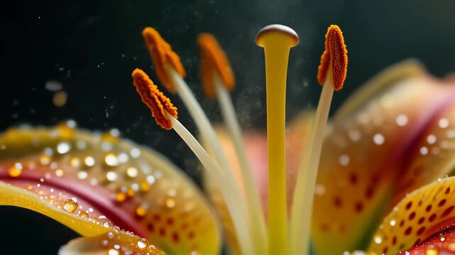 Detailed close-up of a lily flower's vibrant stamens and pistil with water droplets.