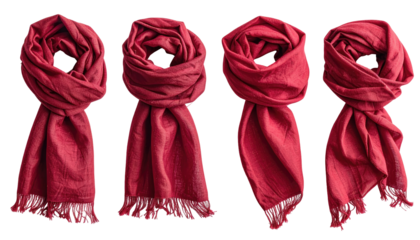 Four vibrant, red scarves displayed with varying folds and lengths, against a stark black backdrop. Fringed ends add texture