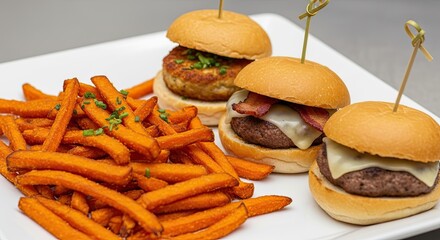 Gourmet Slider Trio Served With Crispy Sweet Potato Fries Delicious Appetizer Platter