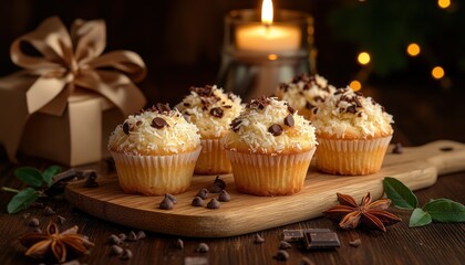 Delicious coconut and chocolate chip topped baked treats arranged on a wooden board near a warm glowing candle