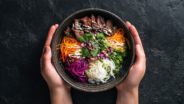 Overhead shot of hands holding a colorful bowl of food with meat and vegetables on a dark surface