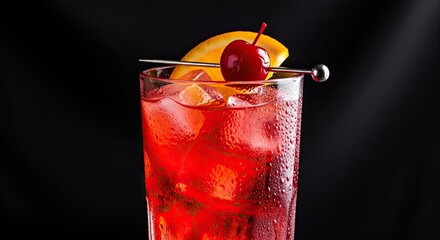 Classic Refreshing Red Cocktail Garnished with Orange Slice and Cherry