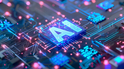Obraz premium Central AI microchip on a neon glowing futuristic motherboard with digital data streams