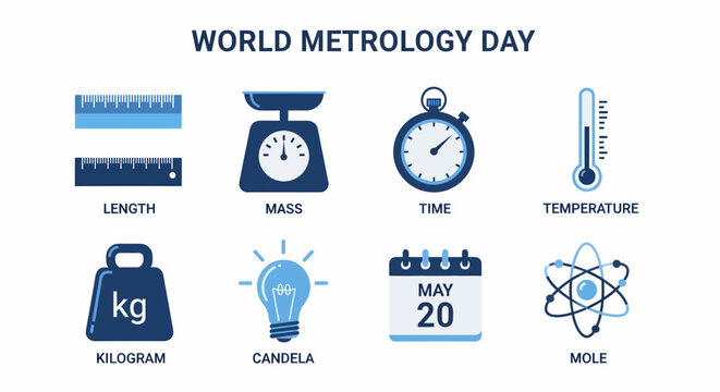 Graphic illustrating SI base units and World Metrology Day on May 20
