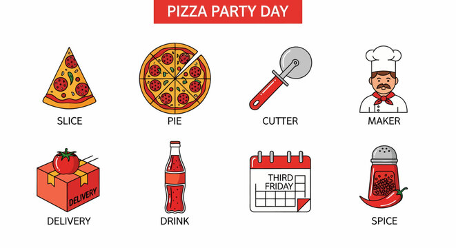 Icon set illustrating components and aspects of Pizza Party Day