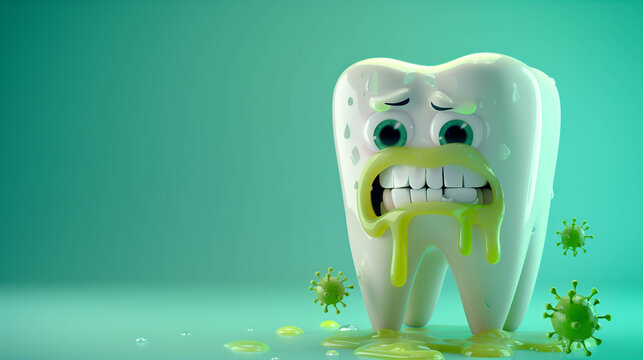 3D cartoon tooth with sad facial expression and green decay on turquoise background
