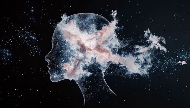 A profile silhouette of a human head, filled with swirling cosmic clouds, nebulae, and stars against a dark, starry background. The effect suggests thoughts, im