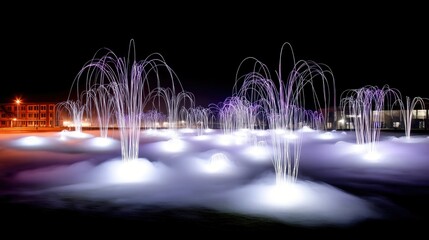 A nighttime scene featuring multiple illuminated water fountains spraying water upwards, surrounded by a layer of fog and lit from below with purple and white l