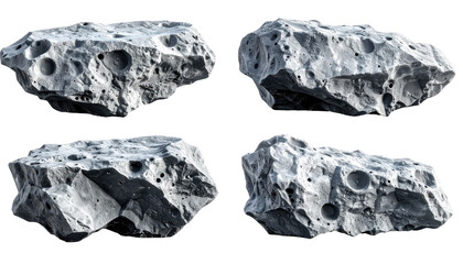 Fototapeta premium Four different views of a rough, grey, rocky celestial body with deep craters, floating against black