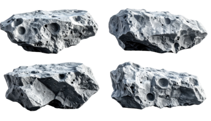 Four different views of a rough, grey, rocky celestial body with deep craters, floating against black