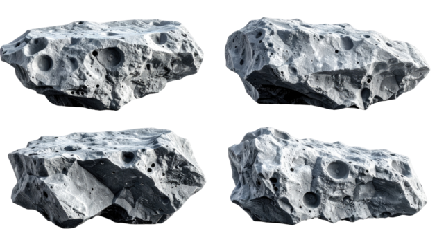 Four different views of a rough, grey, rocky celestial body with deep craters, floating against black