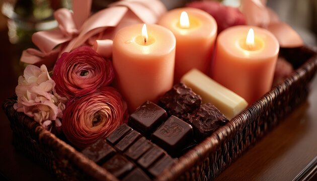 Three glowing pillar candles illuminate a collection of dark chocolates and vibrant flowers arranged in a woven basket.