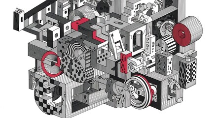 Isometric Machine Design with Abstract Geometric Shapes and Red Accents