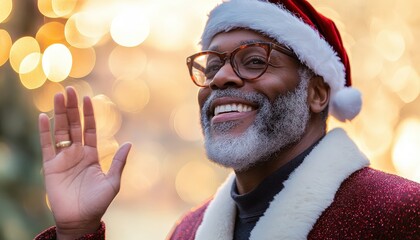 Joyful mature gentleman wearing festive attire waves warmly against a background of bright holiday lights