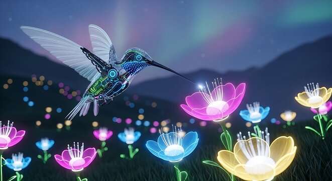 Futuristic hummingbird and glowing flowers in a surreal landscape backdrop