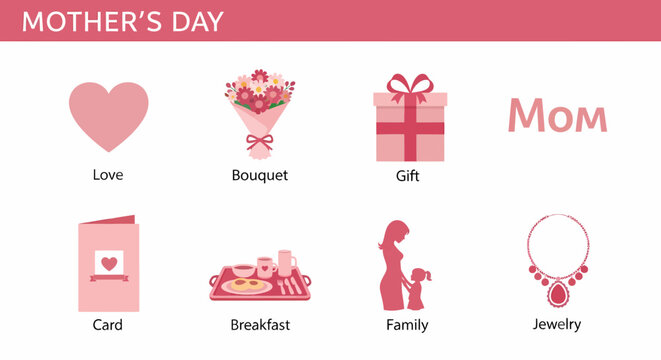 Mothers Day graphic with icons for love bouquet gift Mom card breakfast family and jewelry
