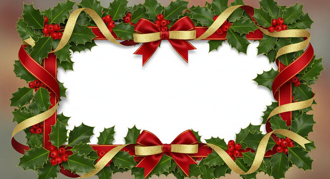 Festive Christmas frame with holly leaves red berries and ribbons creating a decorative border for holiday greetings and invitations