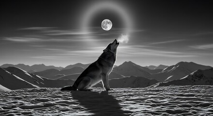Majestic wolf howling at the moon in a snowy mountain landscape