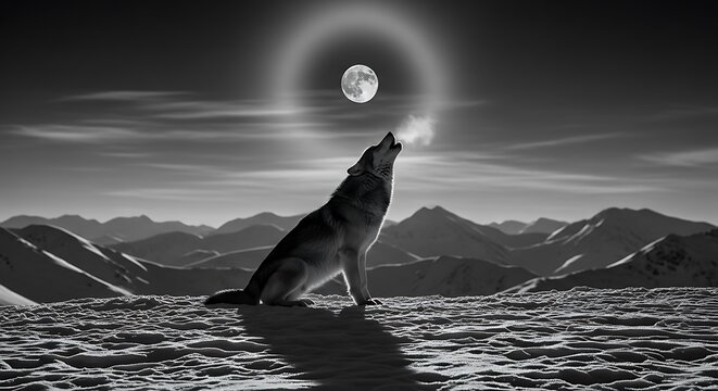 Majestic wolf howling at the moon in a snowy mountain landscape - Powered by Adobe
