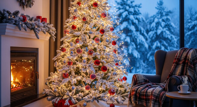 Cozy Christmas tree with red ornaments and lights near a fireplace creating a warm inviting holiday scene perfect for seasonal greetings