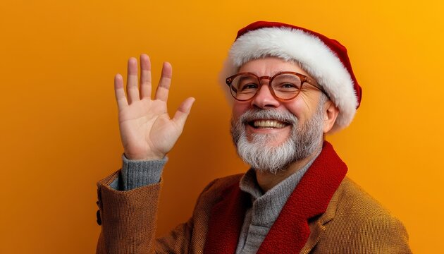 Joyful mature man wearing festive headwear waves hello against a vibrant backdrop - Powered by Adobe