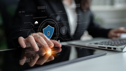 Cyber security interface with biometric and AI-powered protection system. Cyber security secures...