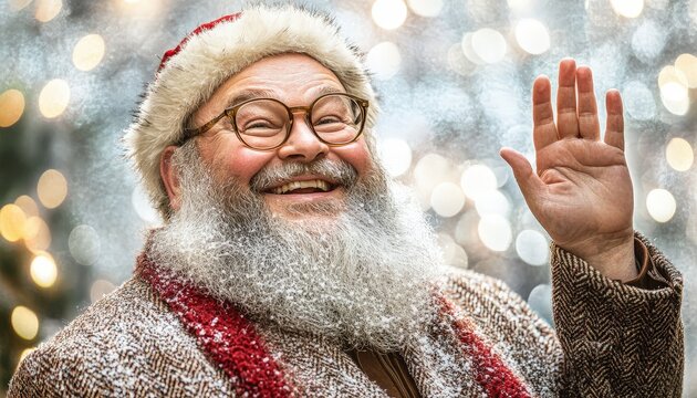 Cheerful elderly man dressed in winter holiday attire waves with a welcoming expression against a bright bokeh background