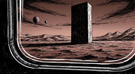 Surreal futuristic monolith in a barren landscape with two planets illustration