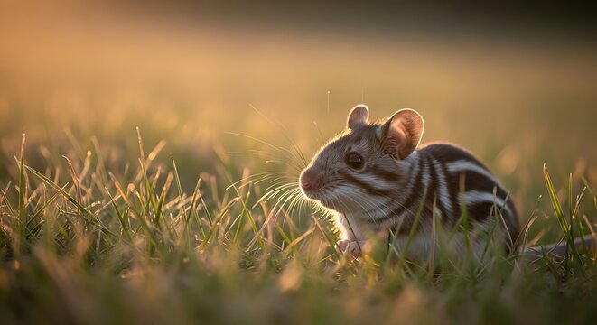 Stripped field mouse sitting in the grass at golden hour light