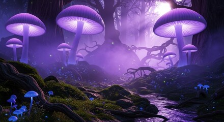 Enchanted violet forest with bioluminescent mushrooms and mystical glowing ambience