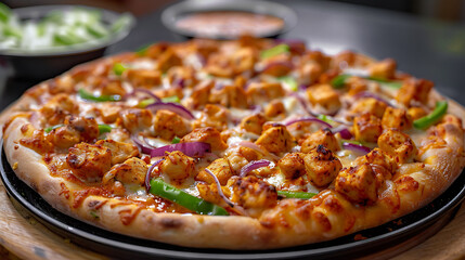 Close-up of a fusion-style chicken tikka pizza made on a naan bread crust, ideal for searches related to creative recipes and global cuisine.

