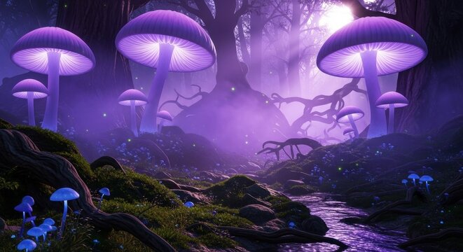 Enchanted violet forest with bioluminescent mushrooms and mystical glowing ambience