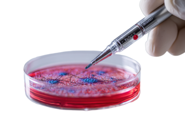 Close-up of a petri dish with a red substance and blue specks, being touched by a pen held by a gloved hand against a black background
