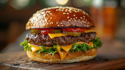 Close-up of a juicy cheeseburger with melting cheese and fresh toppings, ideal for fast-food searches, recipe inspiration, and delicious meal ideas.