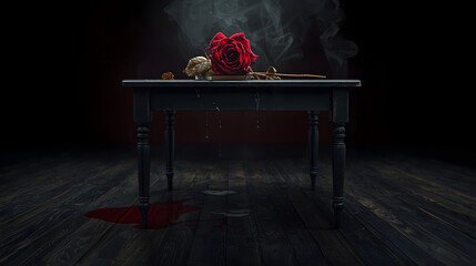 Surreal Cinematic Scene of Dark Table with Red Rose and Water Droplets in Low Light Atmosphere
