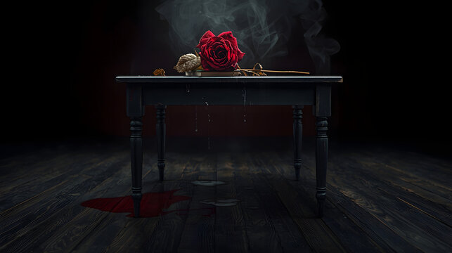 Surreal Cinematic Scene of Dark Table with Red Rose and Water Droplets in Low Light Atmosphere