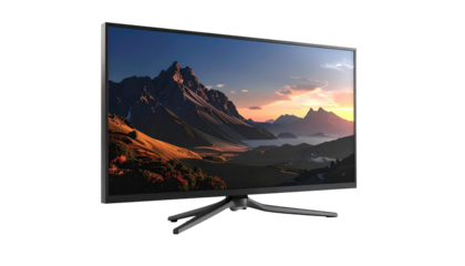 A sleek, modern flat-screen computer monitor, angled slightly. The display shows a stunning landscape of mountains at sunset
