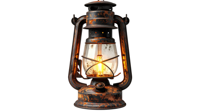 Close-up view of an antique, rusty lantern, glowing warmly with an interior light source, set against a stark, black background