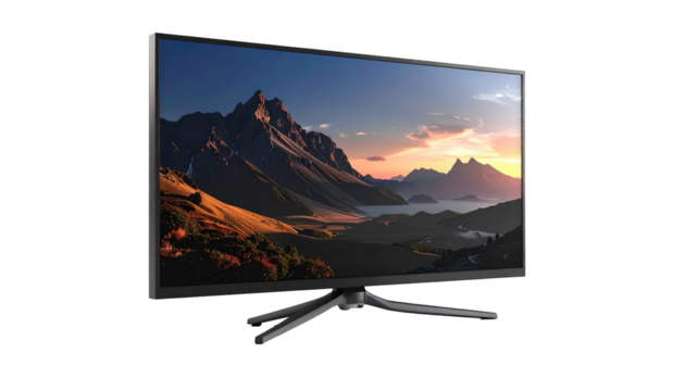 A sleek, modern flat-screen computer monitor, angled slightly. The display shows a stunning landscape of mountains at sunset