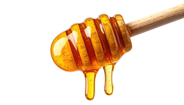 Close-up of a wooden dipper dripping viscous, golden liquid against a stark black background. The honey is translucent