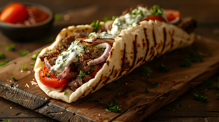 Close-up of a savory gyro sandwich filled with tender meat, tzatziki sauce, tomato, and onion, ideal for Mediterranean food and street cuisine searches.
