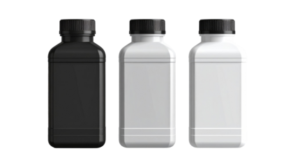 Three square-shaped bottles, each with a black cap, stand side-by-side against a black backdrop, offering a minimalist aesthetic