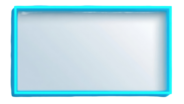A luminous, rectangular frame glows with a neon-blue light, highlighting a central white, gradient-filled space