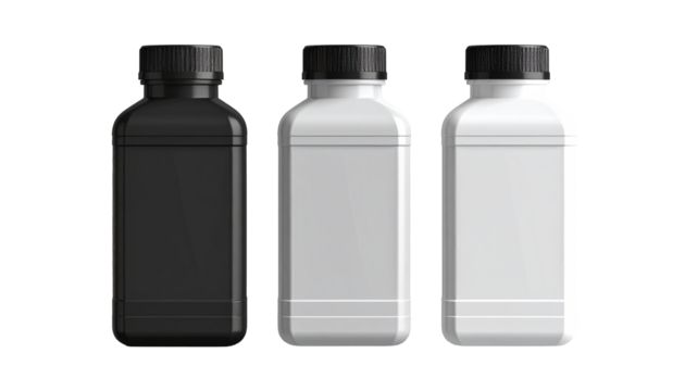 Three square-shaped bottles, each with a black cap, stand side-by-side against a black backdrop, offering a minimalist aesthetic